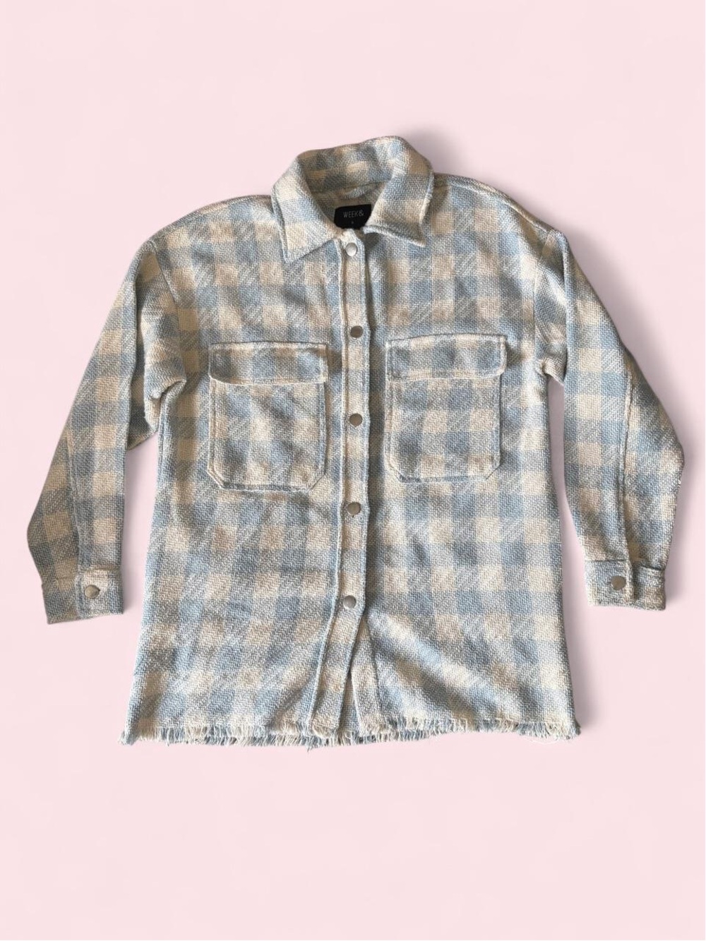 Checked Shacket Jacket in Light Blue and Cream